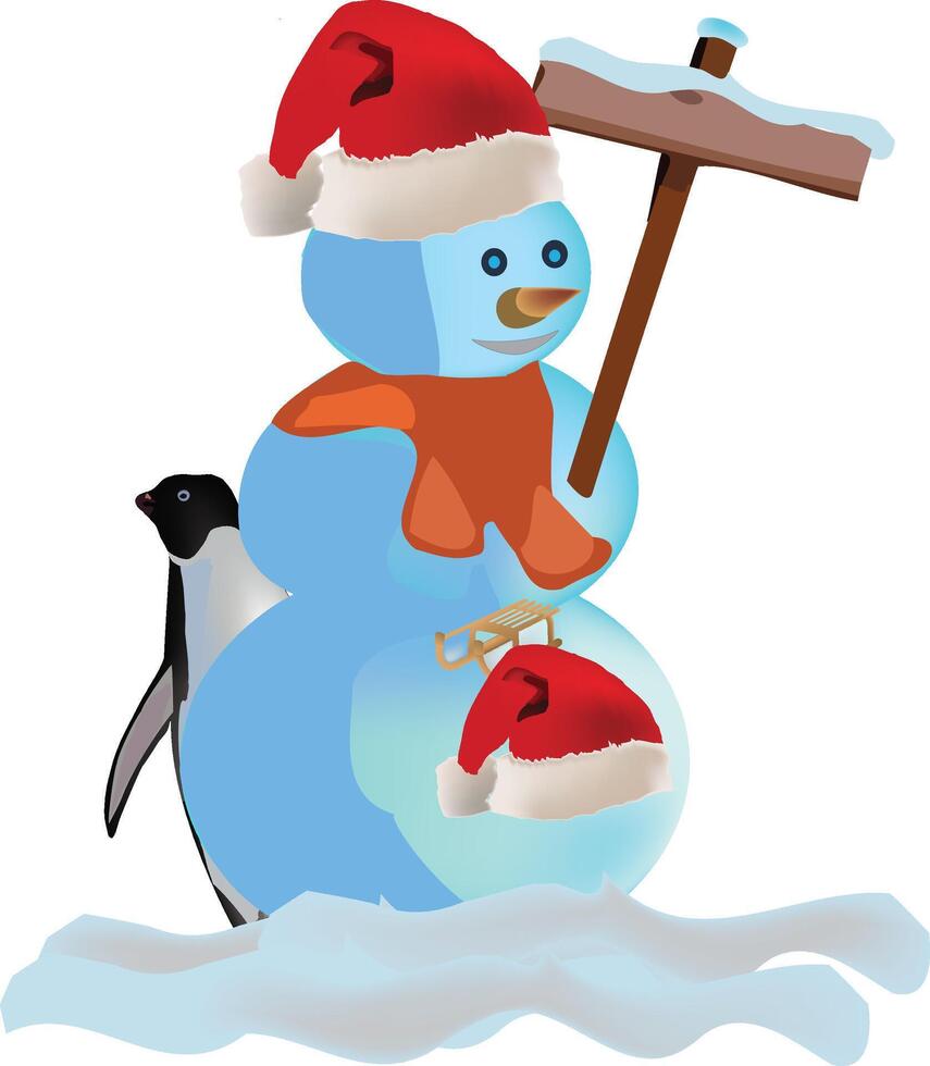 Snowman with sleigh and penguin vector