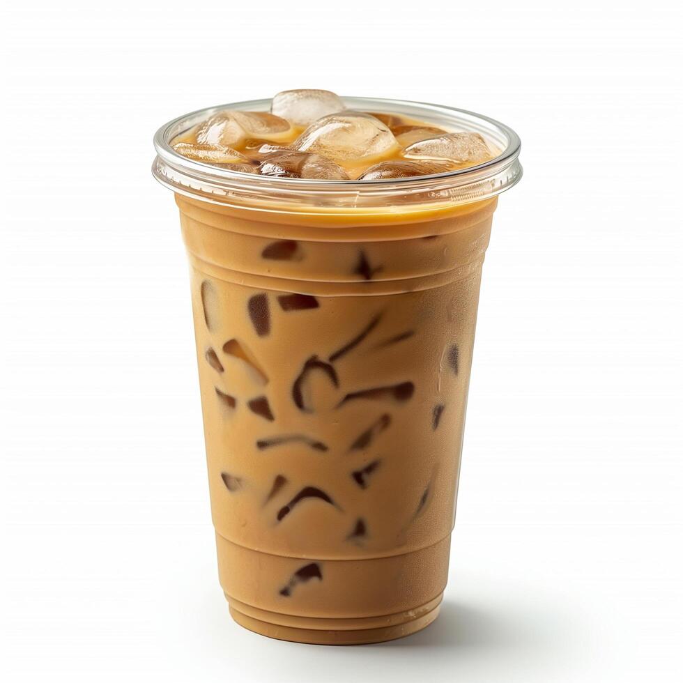 A plastic cup filled with iced coffee, showing ice cubes and a creamy coffee mix, with a clear plastic lid. photo