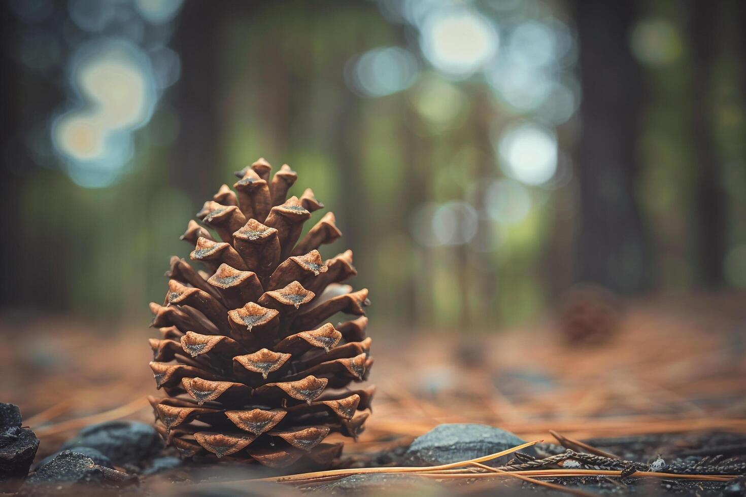 A pine cone sitting on the ground in a forest background photo