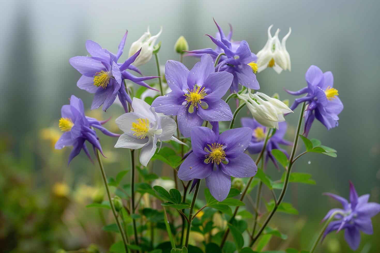 Columbine flowers in the fog background photo