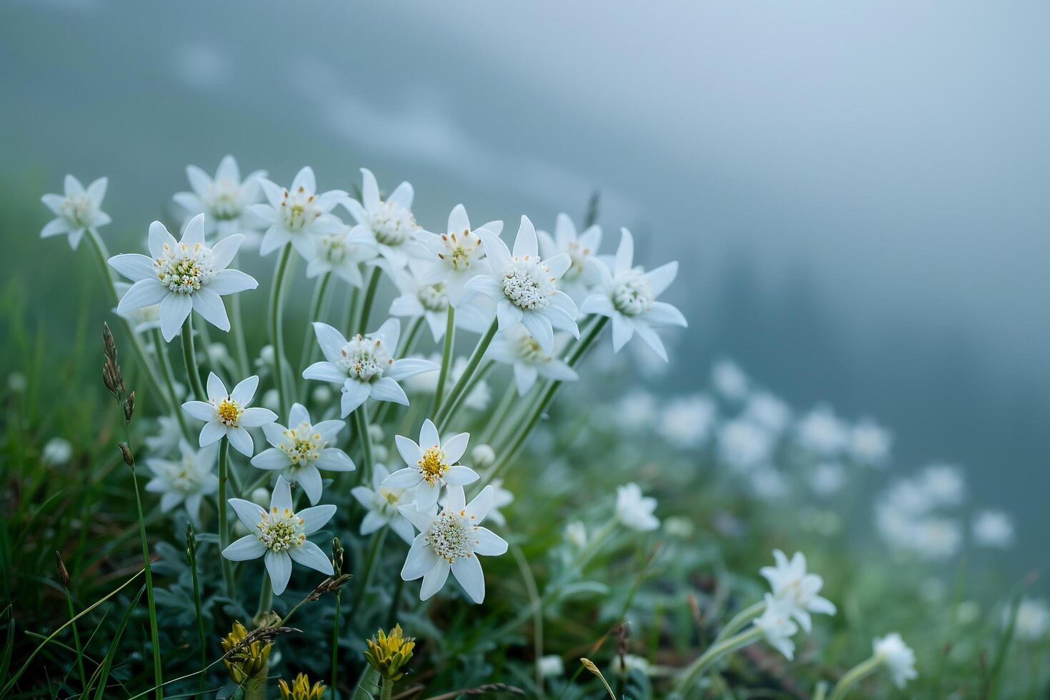 White flowers in the fog on a mountain background photo