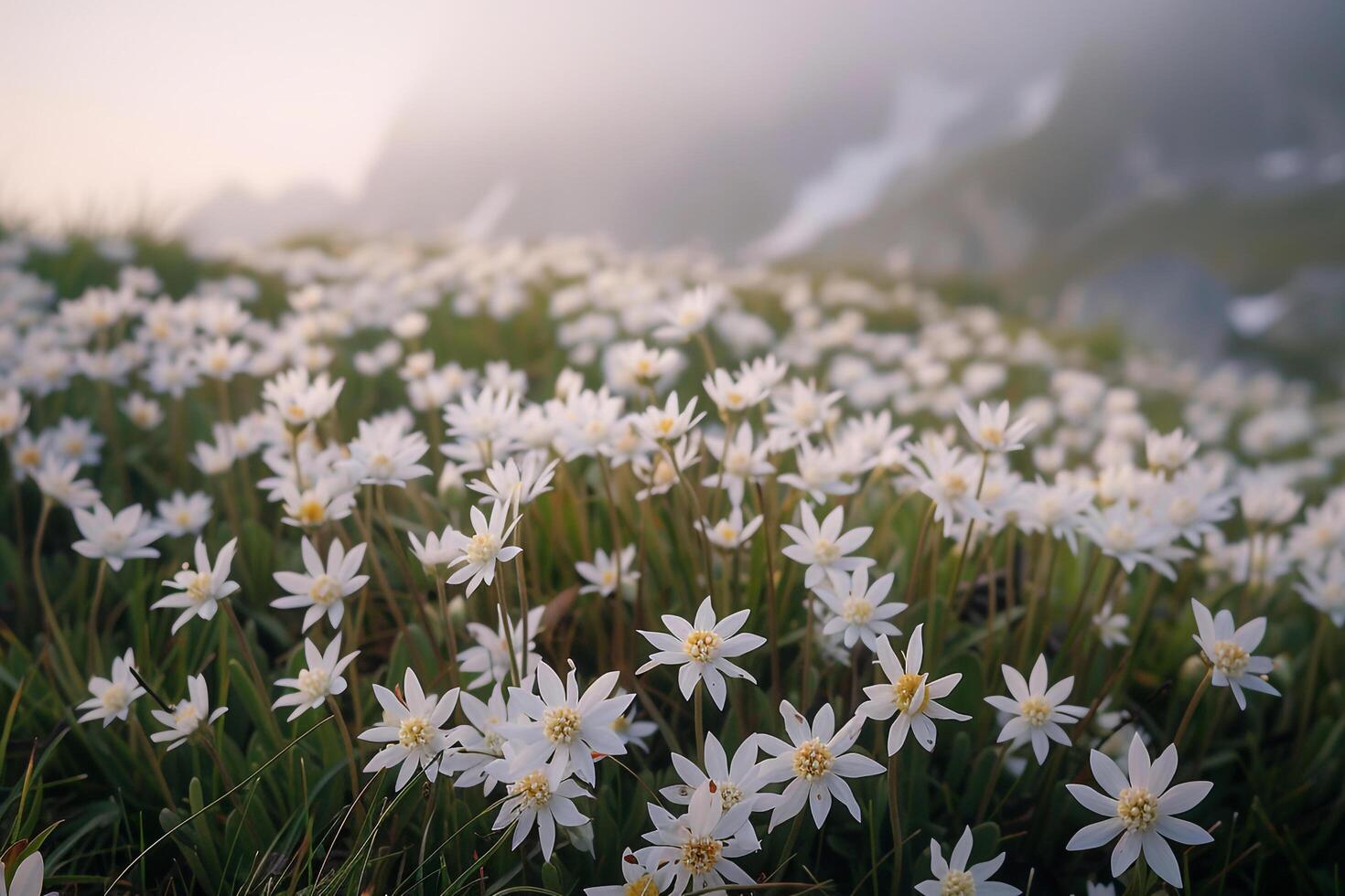 White flowers in the fog on a mountain background photo