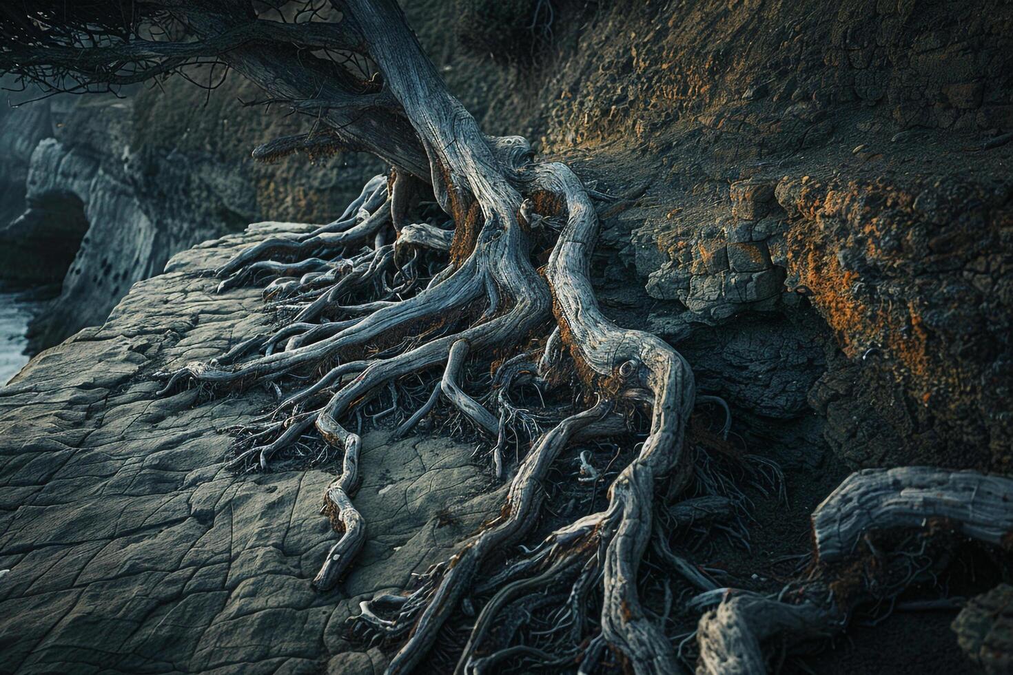 Tree with roots growing out of the rock background photo