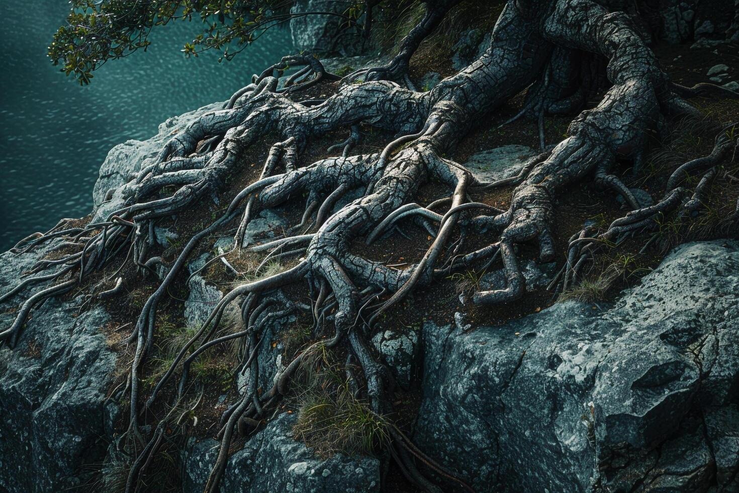 Tree with roots growing out of the rock background photo