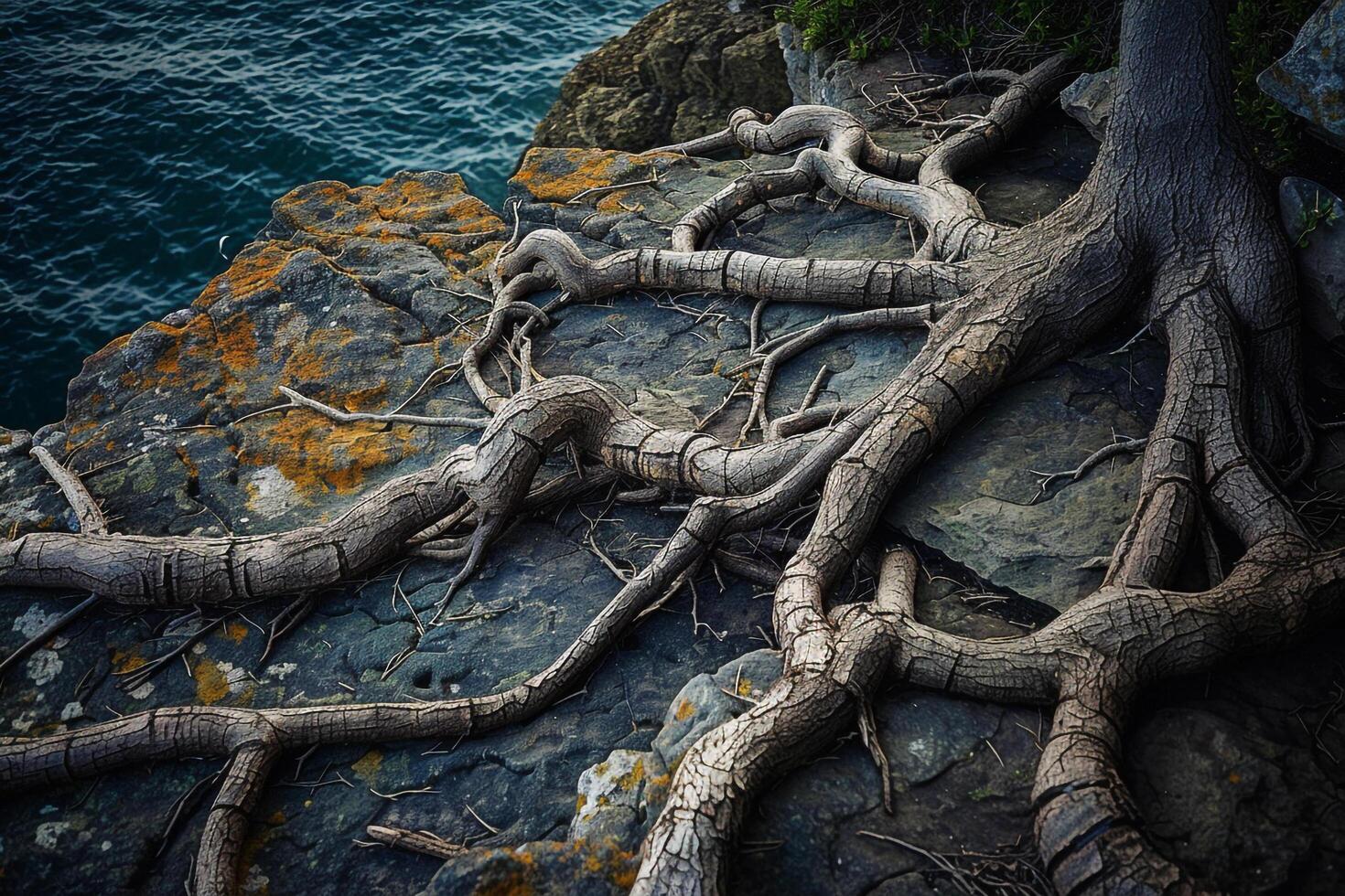 Tree with roots on a rock  the ocean background photo