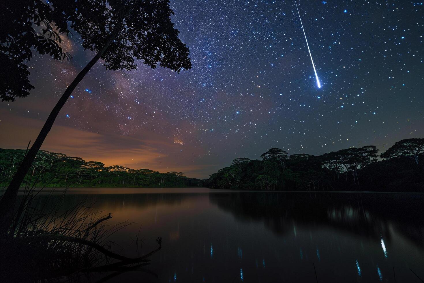 Shooting Star Seen in the Night Sky Over a Lake Background photo