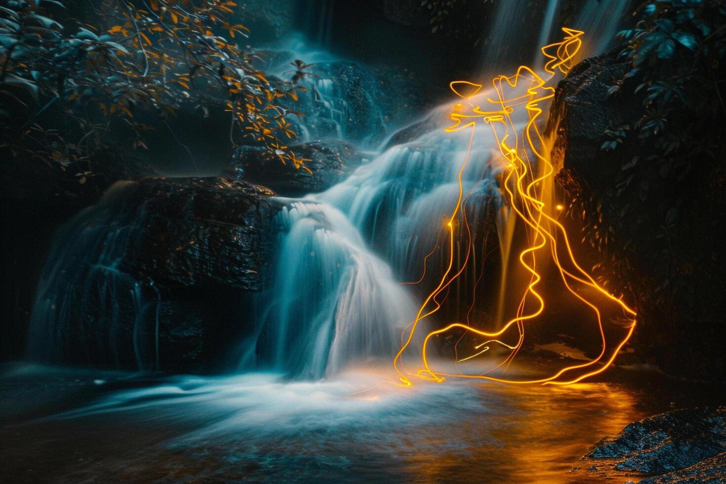 Light Painting of Waterfall in Jungle Background photo