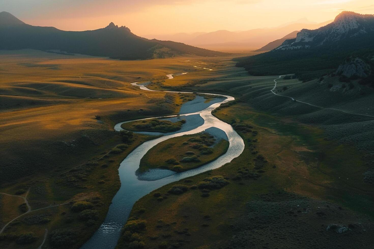 Aerial View of River Flowing through Valley Background photo