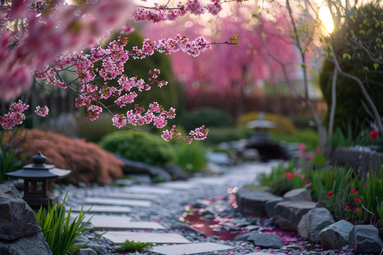 Background of a path through a garden with pink flowers photo