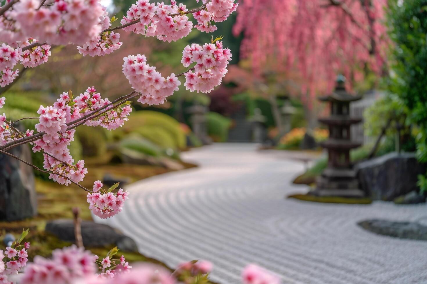 Background of a walkway with pink flowers and a stone path photo