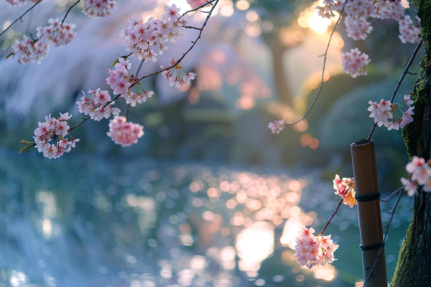 Background of a beautiful cherry blossom tree with a bamboo stick in the water photo