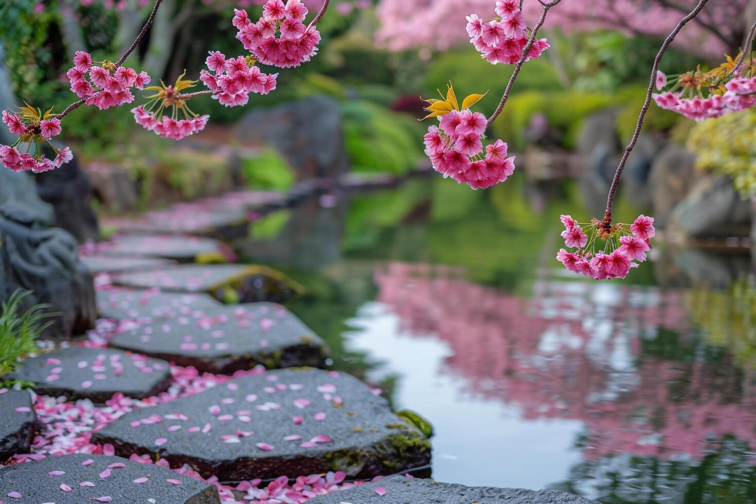 Background of a stone path with pink flowers and a pond photo