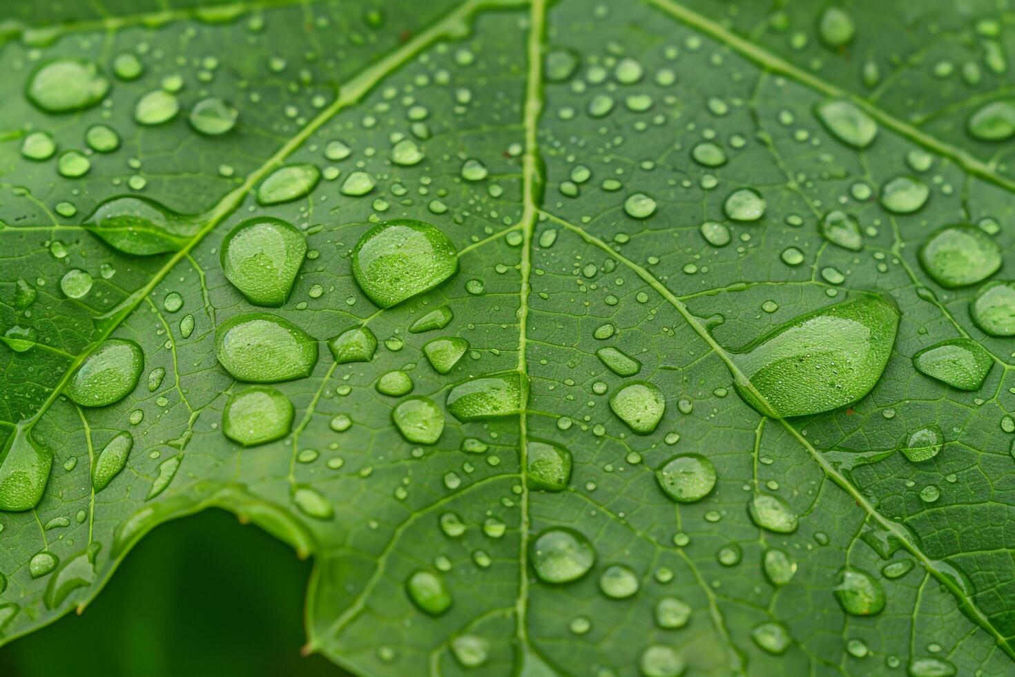 CloseUp of Green Leaf with Water Droplets, Natural Background photo