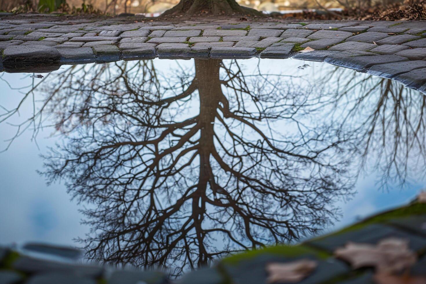 Tree Reflecting in Puddle on Brick Walkway Background photo