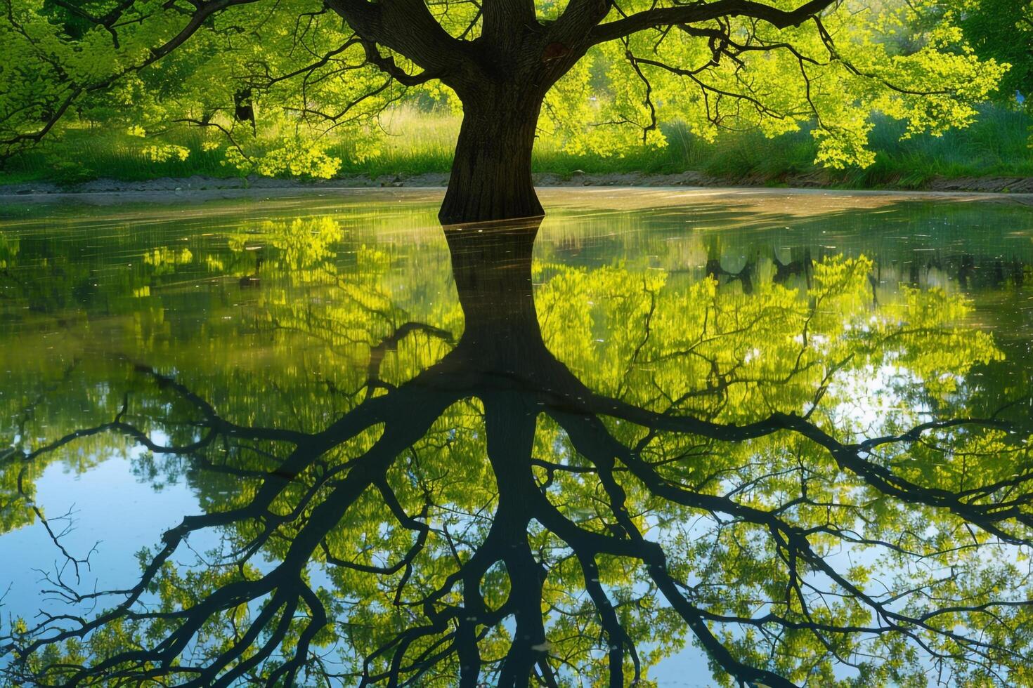 Tree Reflecting in Pond Background photo