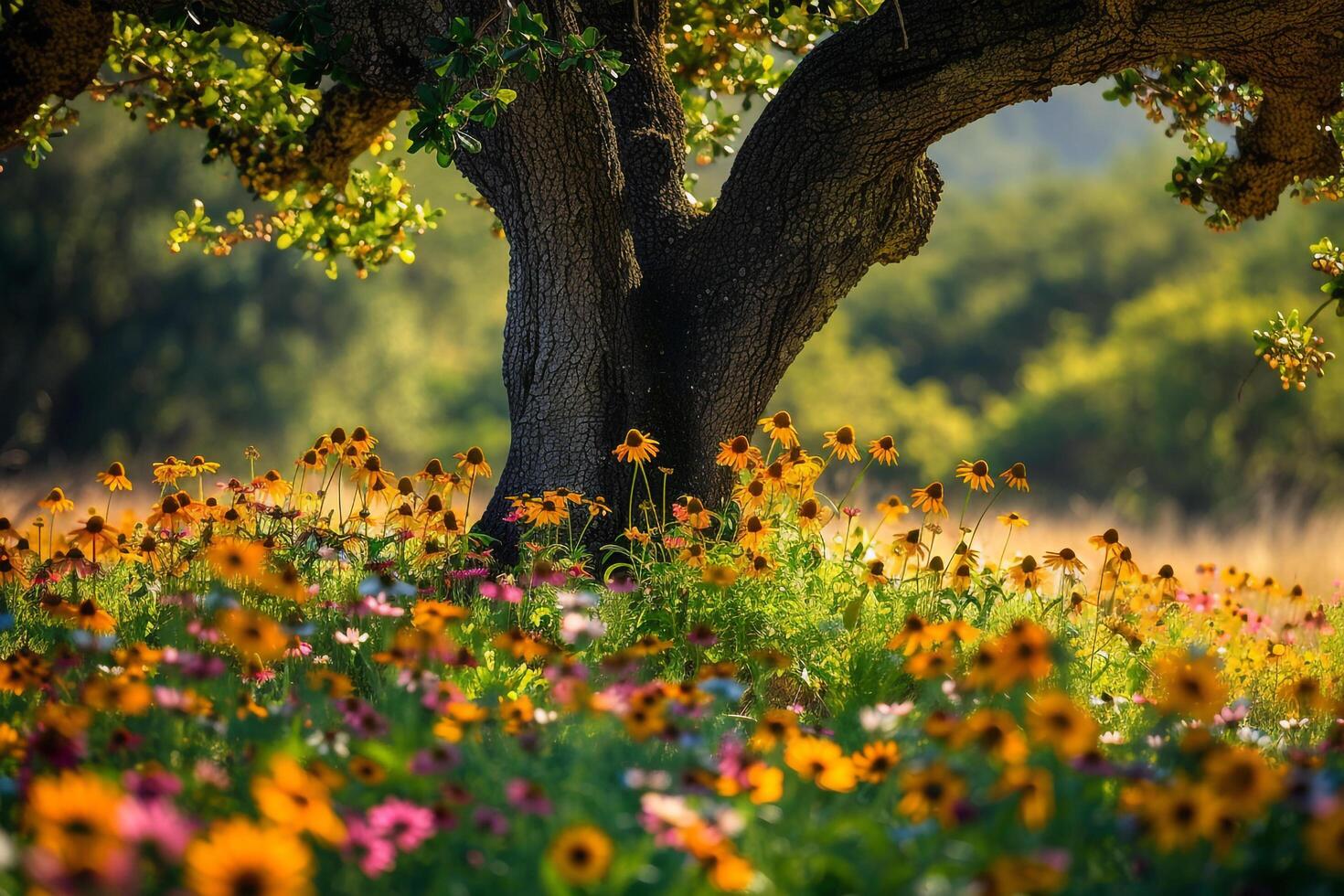 A Tree with Flowers in Front of It photo