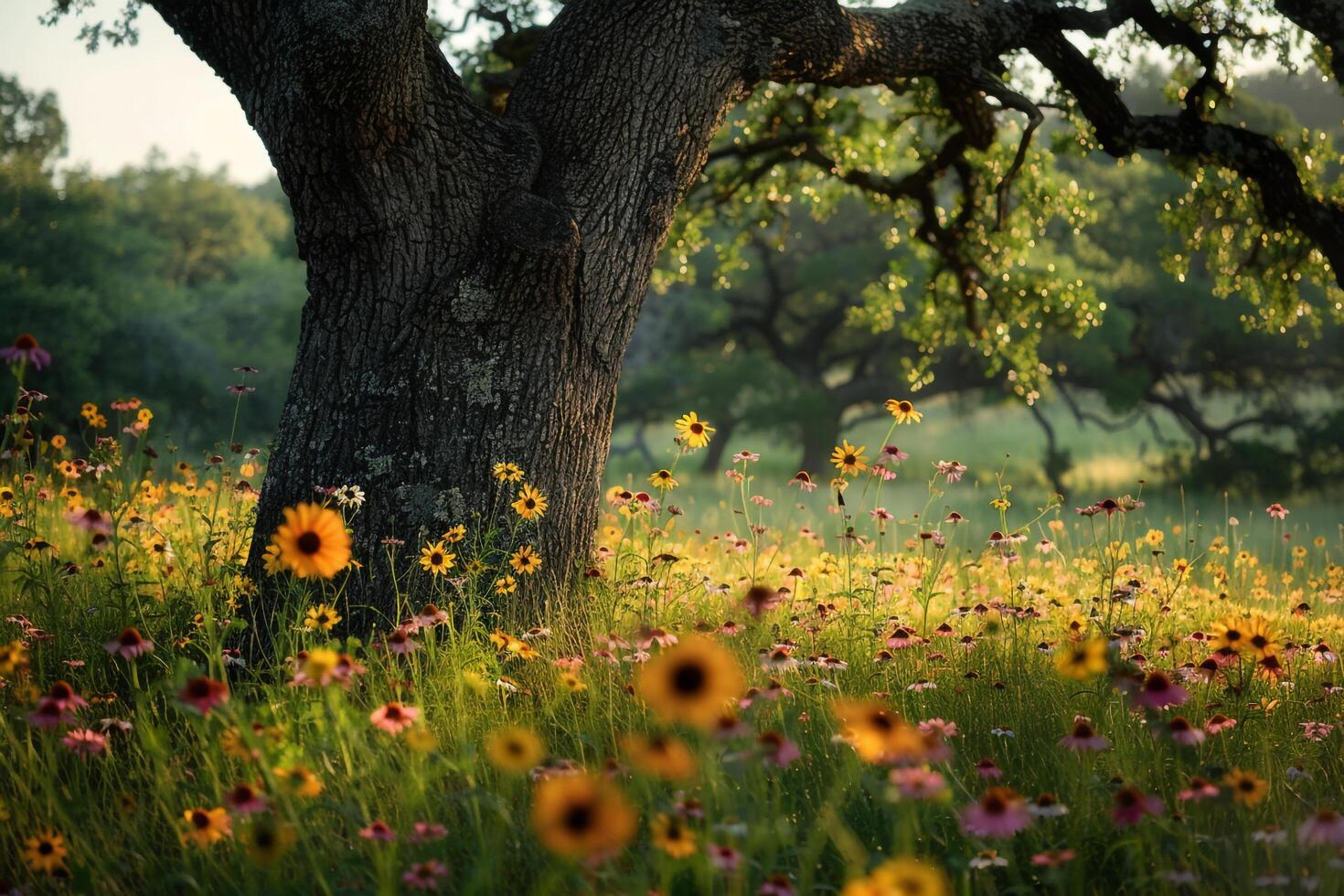 A Field of Wildflowers and an Oak Tree in the Middle photo