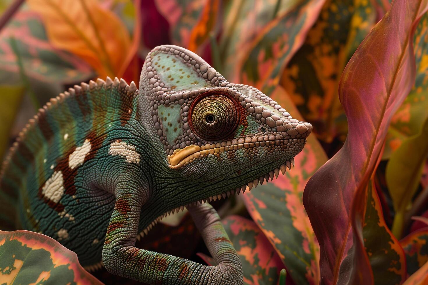 Chameleon Sitting Among Plants with Nature Background photo