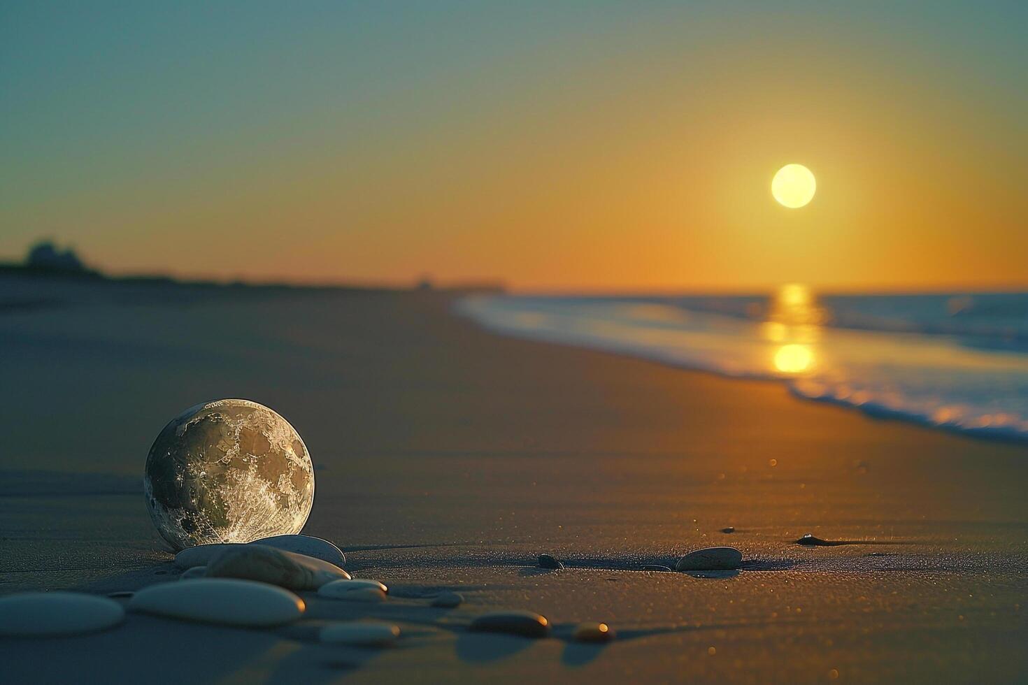 Full Moon on Beach with Rocks and Pebbles with Nature Background photo