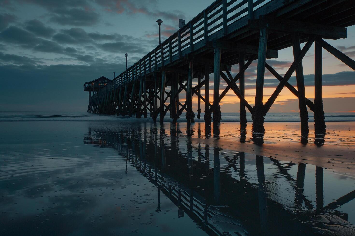 Sunset Pier with Water Reflection, Background of Coastal Scene photo