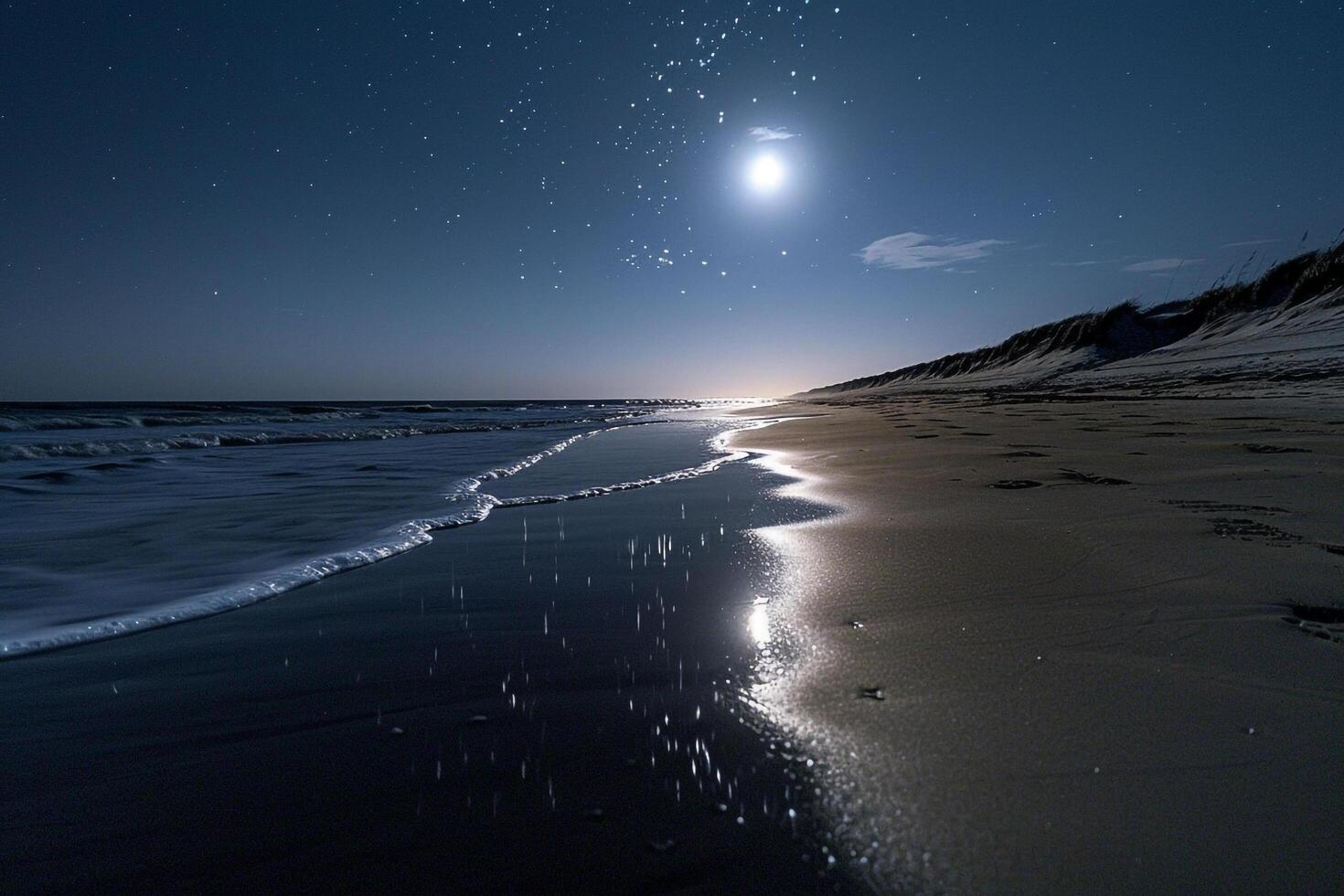 Beach at Night with Full Moon and Stars, Nature Background photo