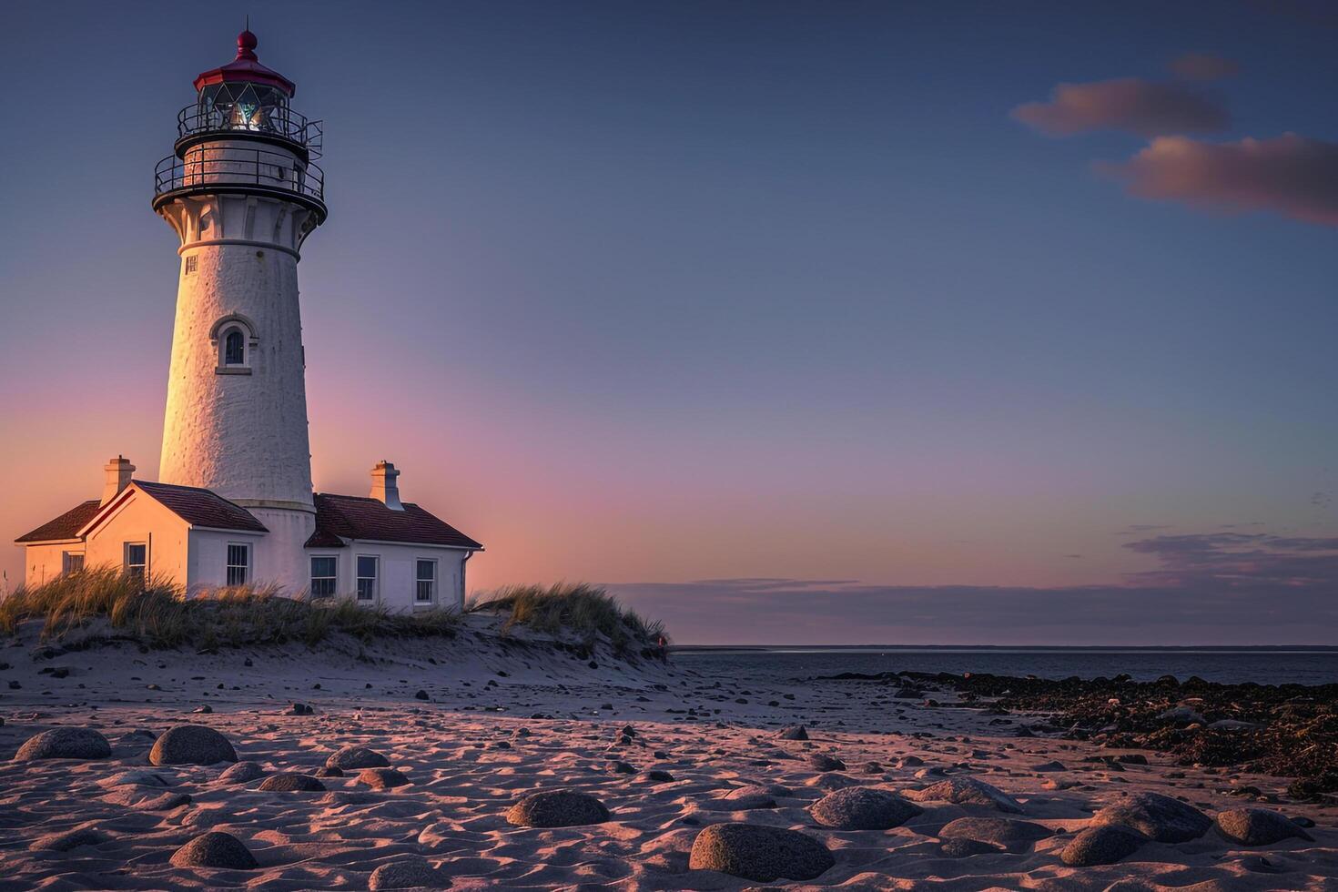 Lighthouse on Beach at Sunset, Nature Background photo