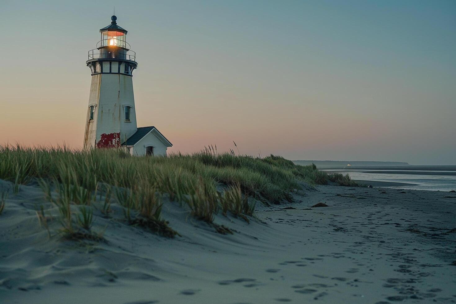 Lighthouse on Beach at Sunset, Nature Background photo