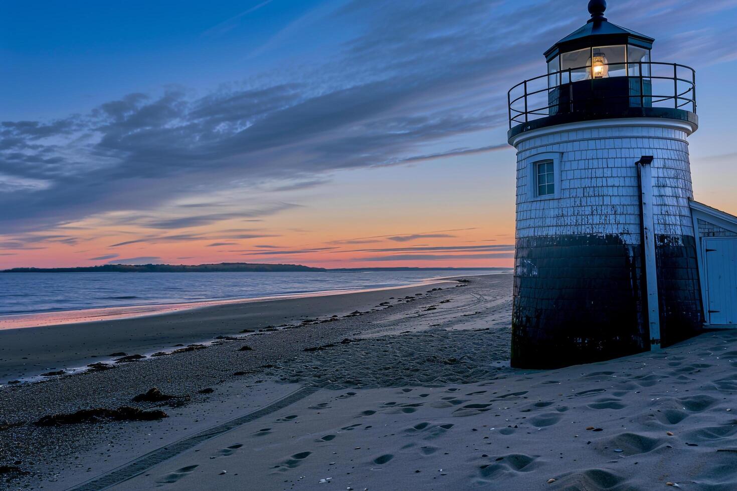 Lighthouse on Beach at Sunset, Nature Background photo