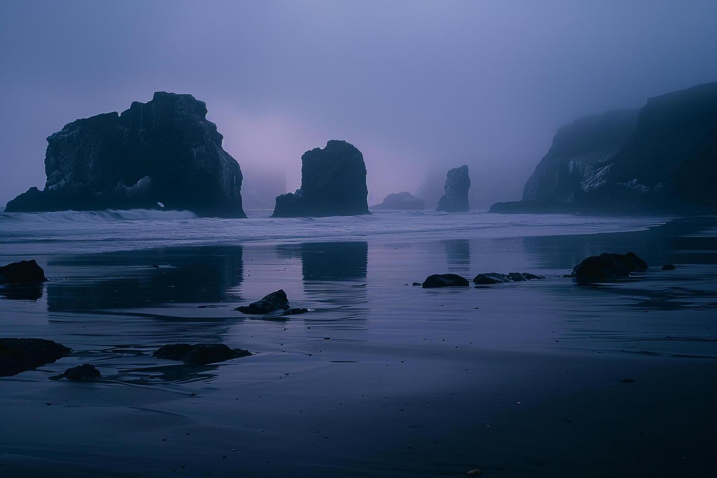 A Foggy Beach with Rocks and Water, Background of a Foggy Beach with Rocks and Water photo