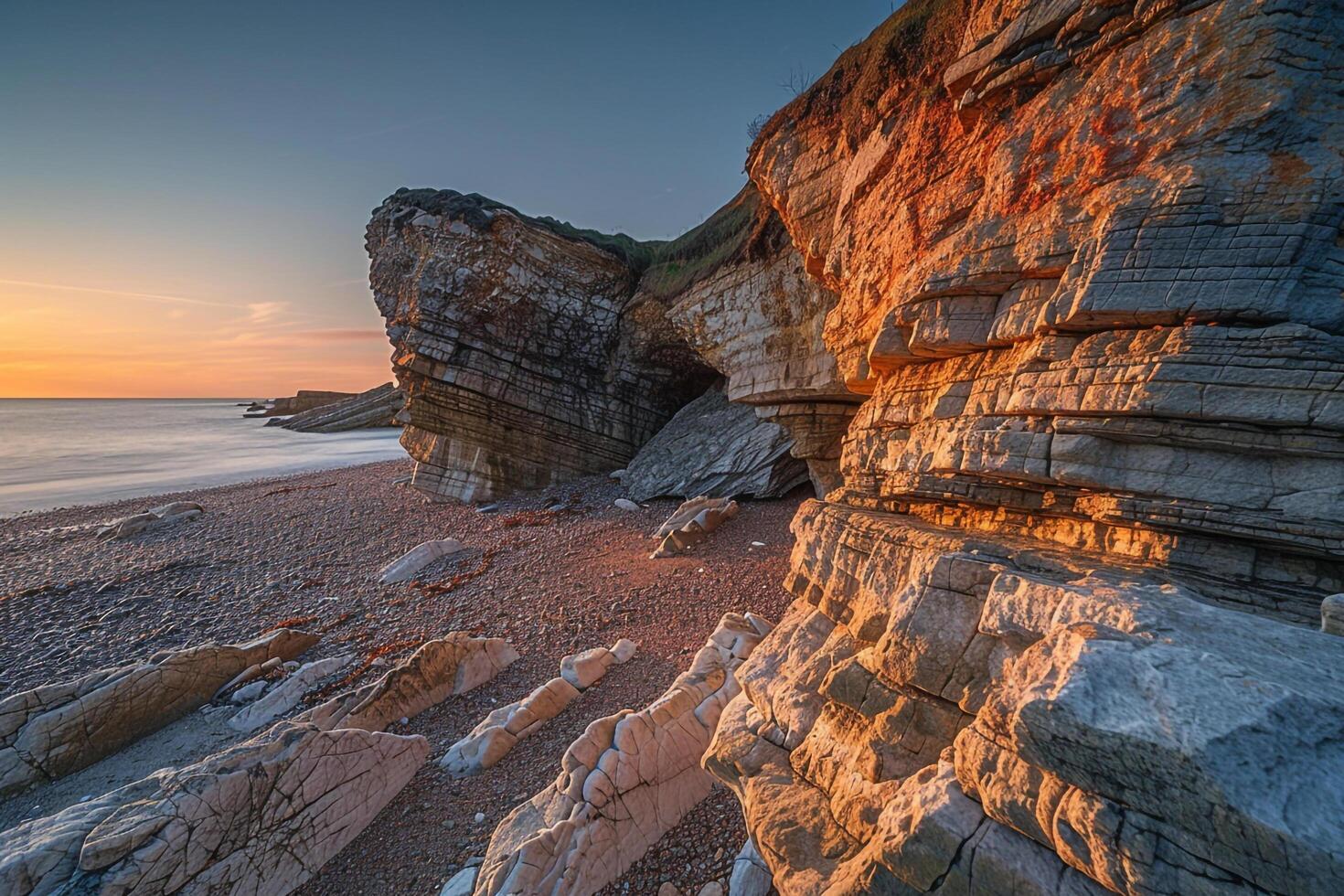 Rocky Beach at Sunset with Large Rock Formation photo