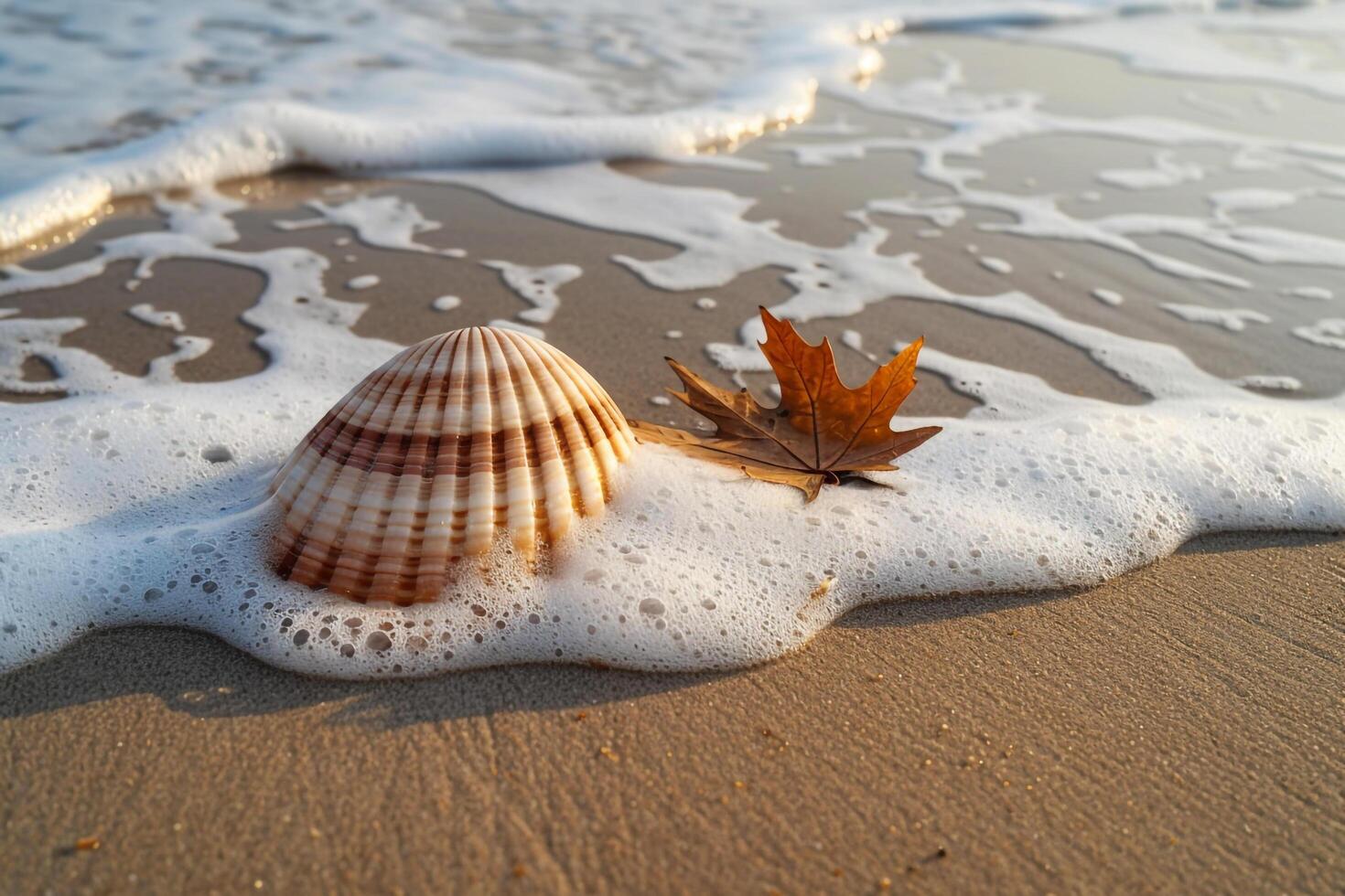 Shell on the beach with a leaf on the sand photo