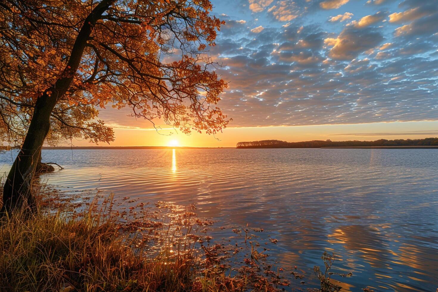 A Sunset Over a Lake with Trees and Water Background photo
