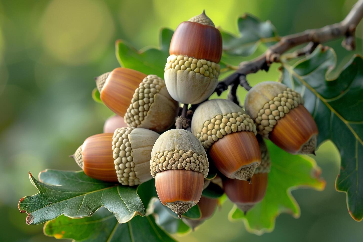 Bunch of acorns on a branch and natural background photo
