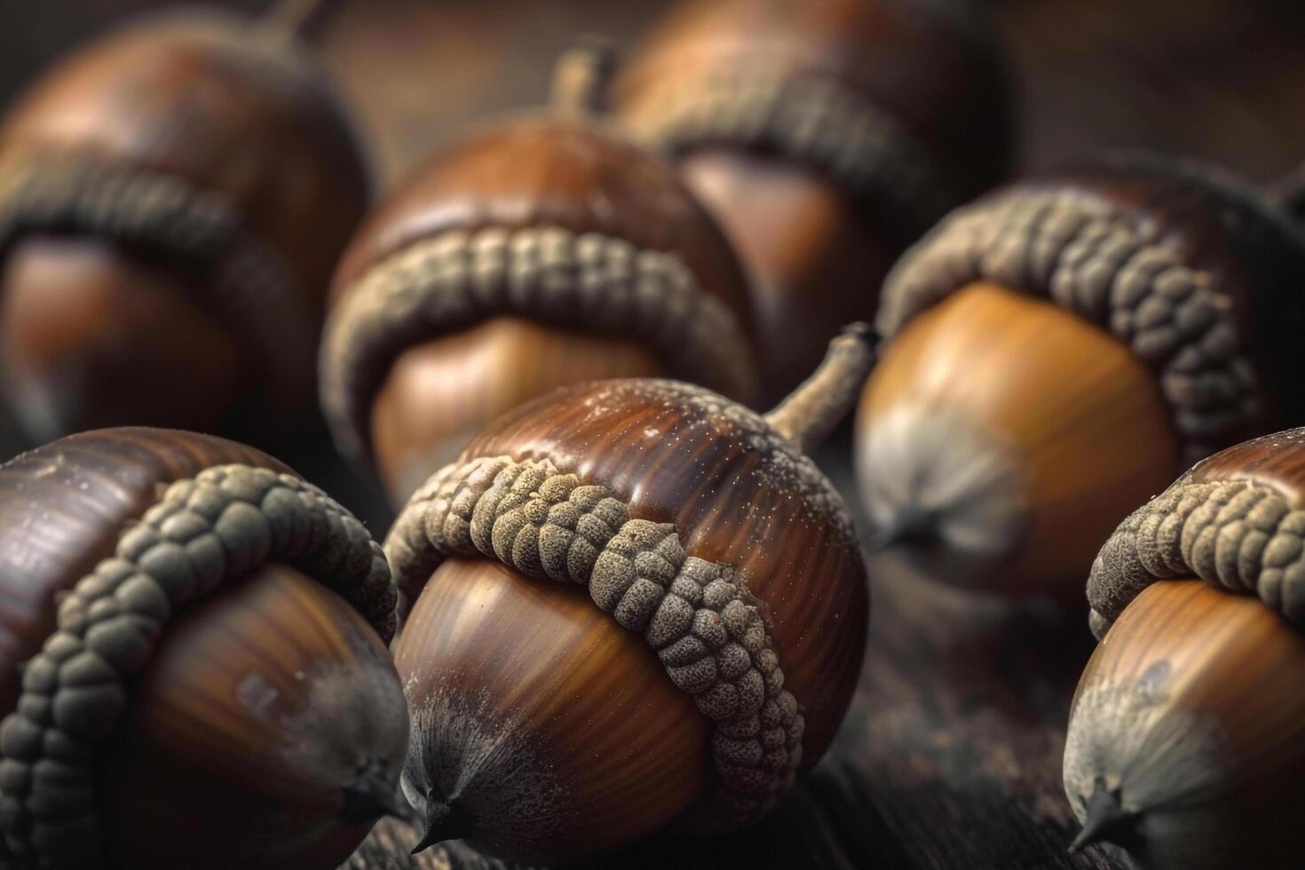Group of acorns on a wooden table and natural background photo