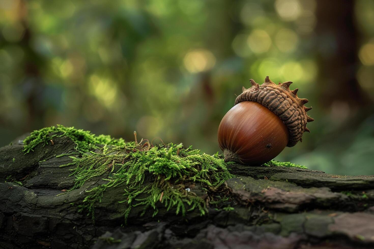 Acorn on a mossy log with natural background photo