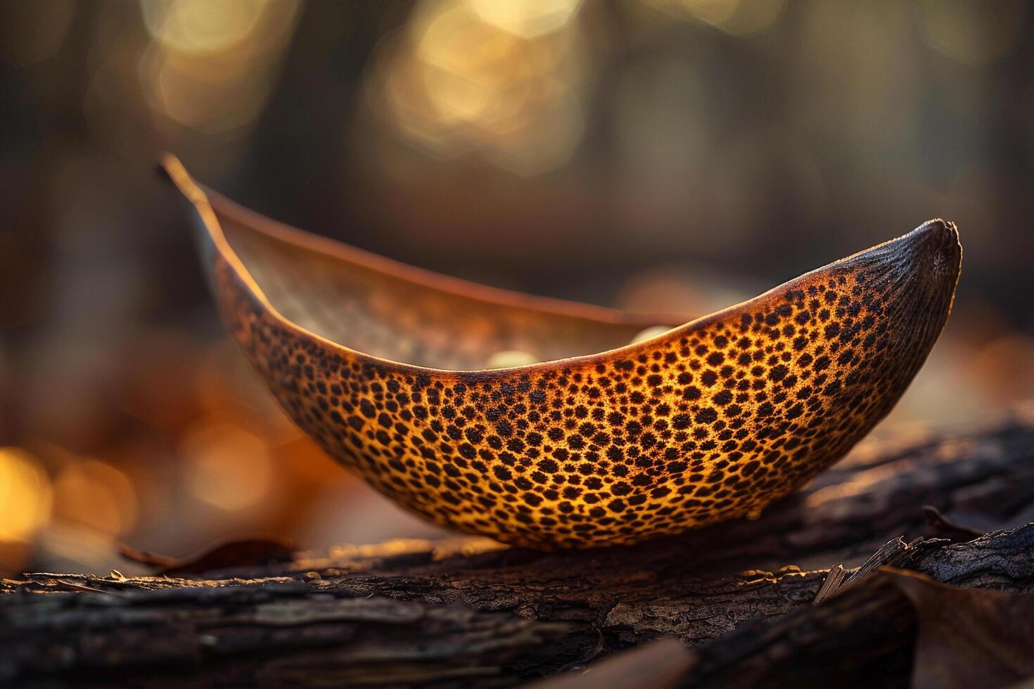 Bowl with Hole on Log in Forest Setting photo