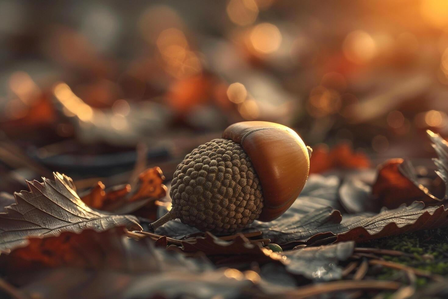 Single Acorn on Ground with Sunlight background photo