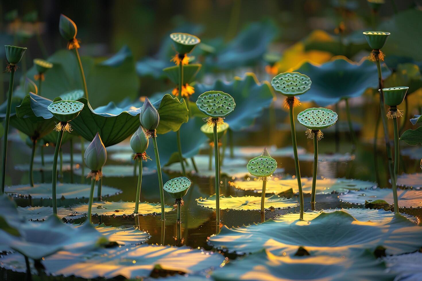 Lotus Flowers in Pond with Green Leaves in Natural Background photo