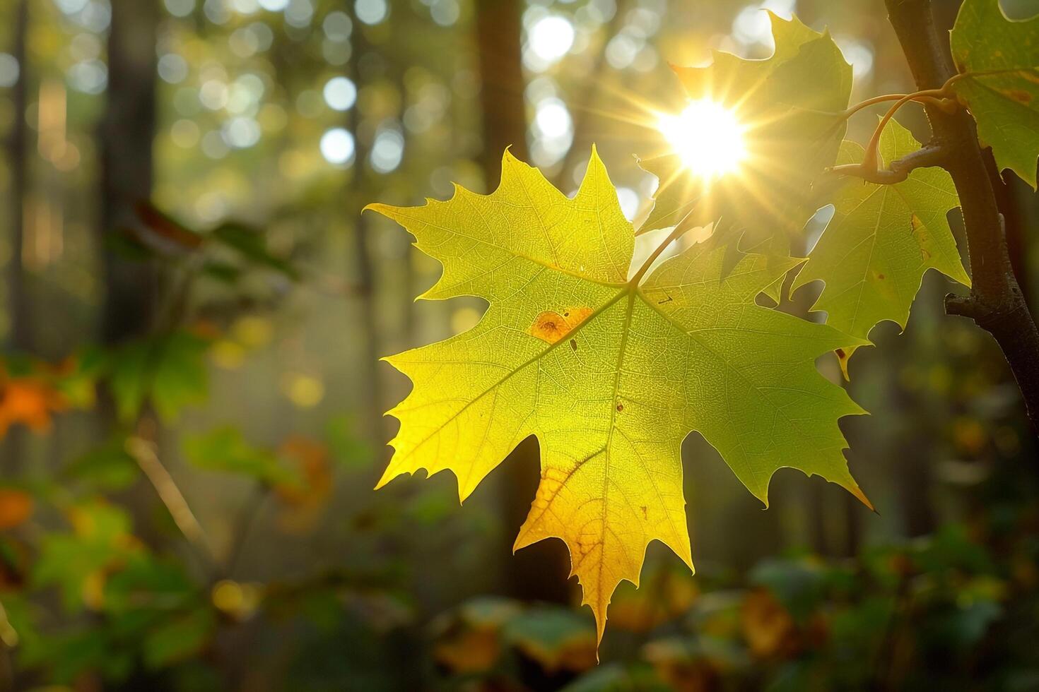 A Maple Leaf in the Sun with the Sun Shining Through Background photo