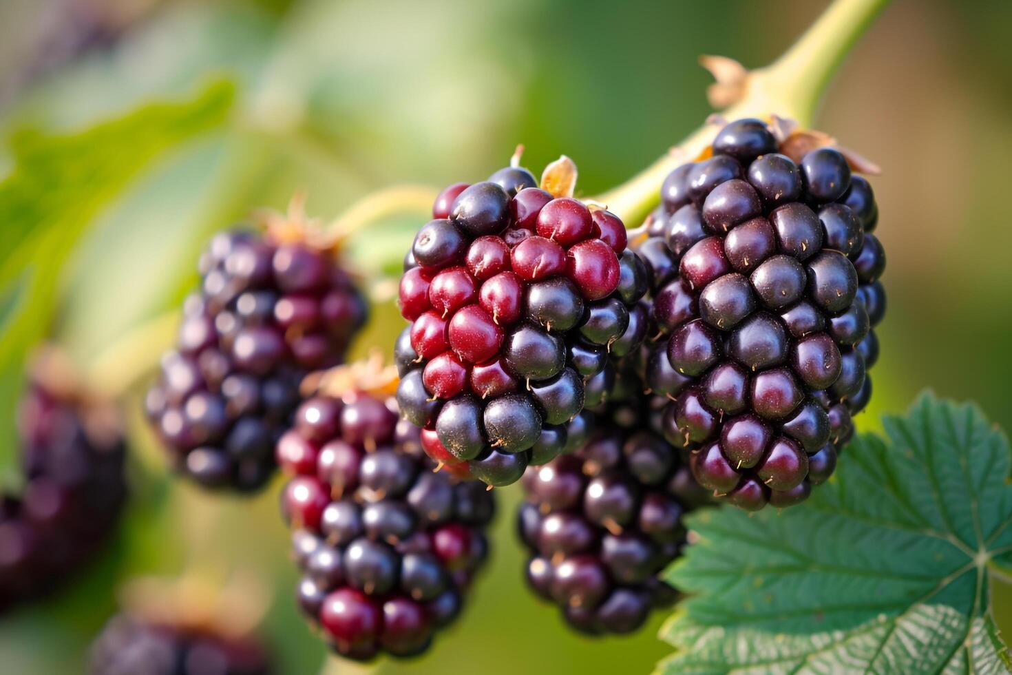 Blackberries on Branch with Green Leaves Background photo