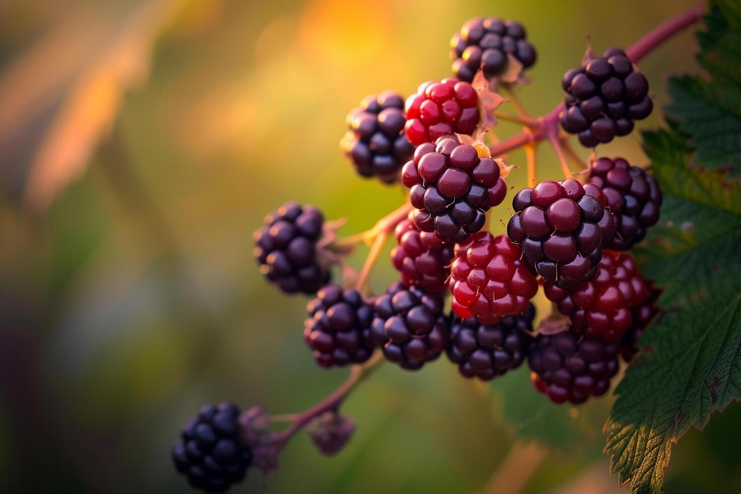 Blackberries on a Branch with Sunlight Shining Through Background photo