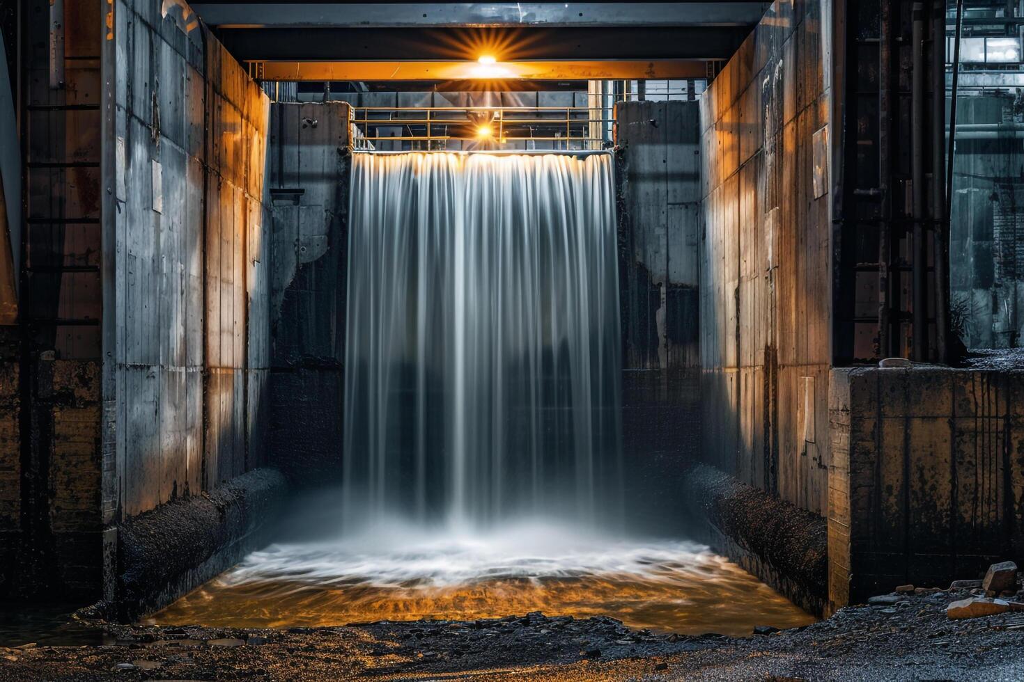 Waterfall Flowing into Large Concrete Structure Background photo