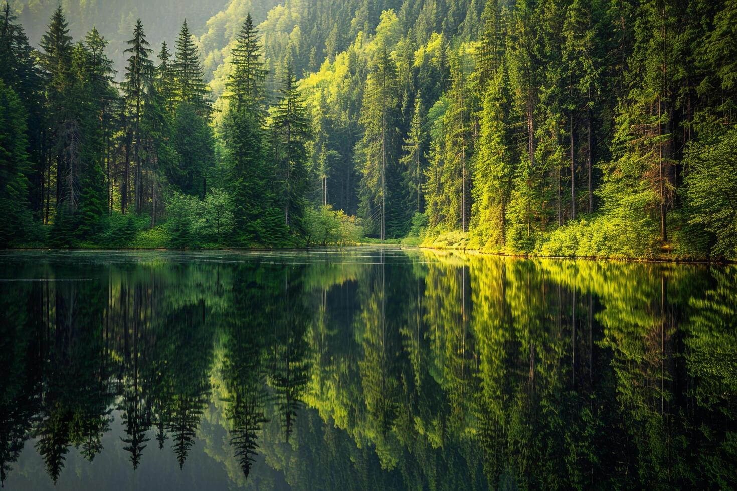 Lake Surrounded  Trees and Green Forest Background photo