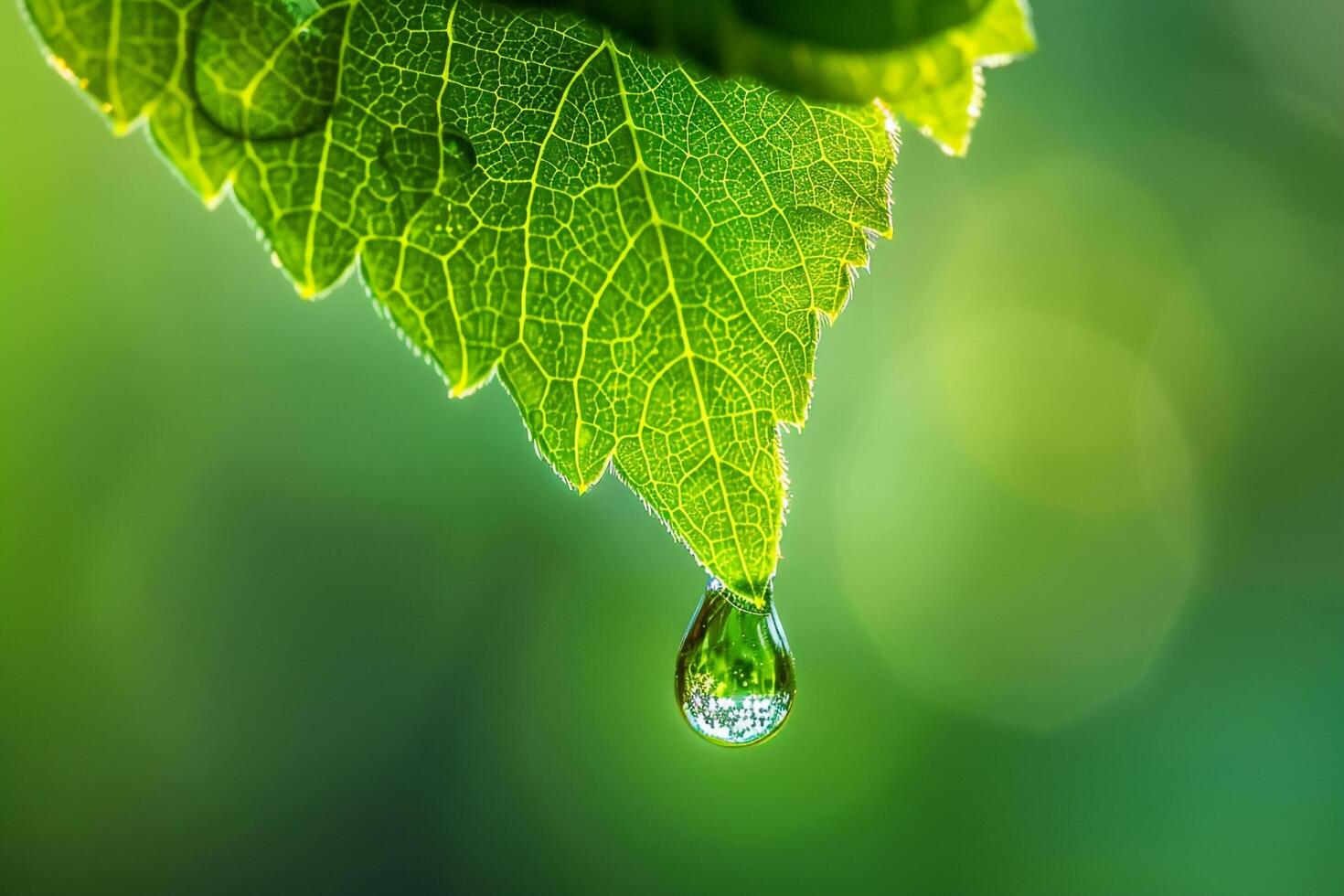 Drop of Water Hanging from Leaf on Nature Background photo