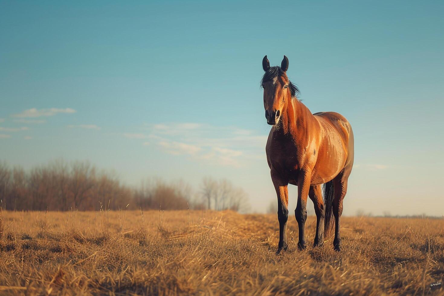 Horse Standing in Field with Blue Sky Background photo