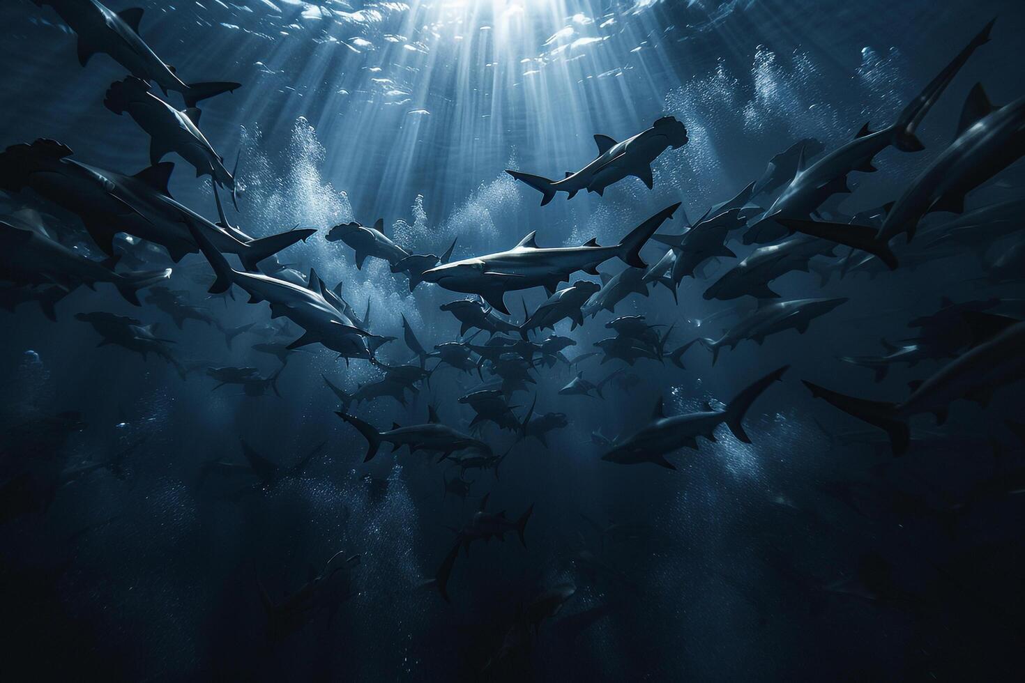 Group of Sharks Swimming in Ocean Background photo