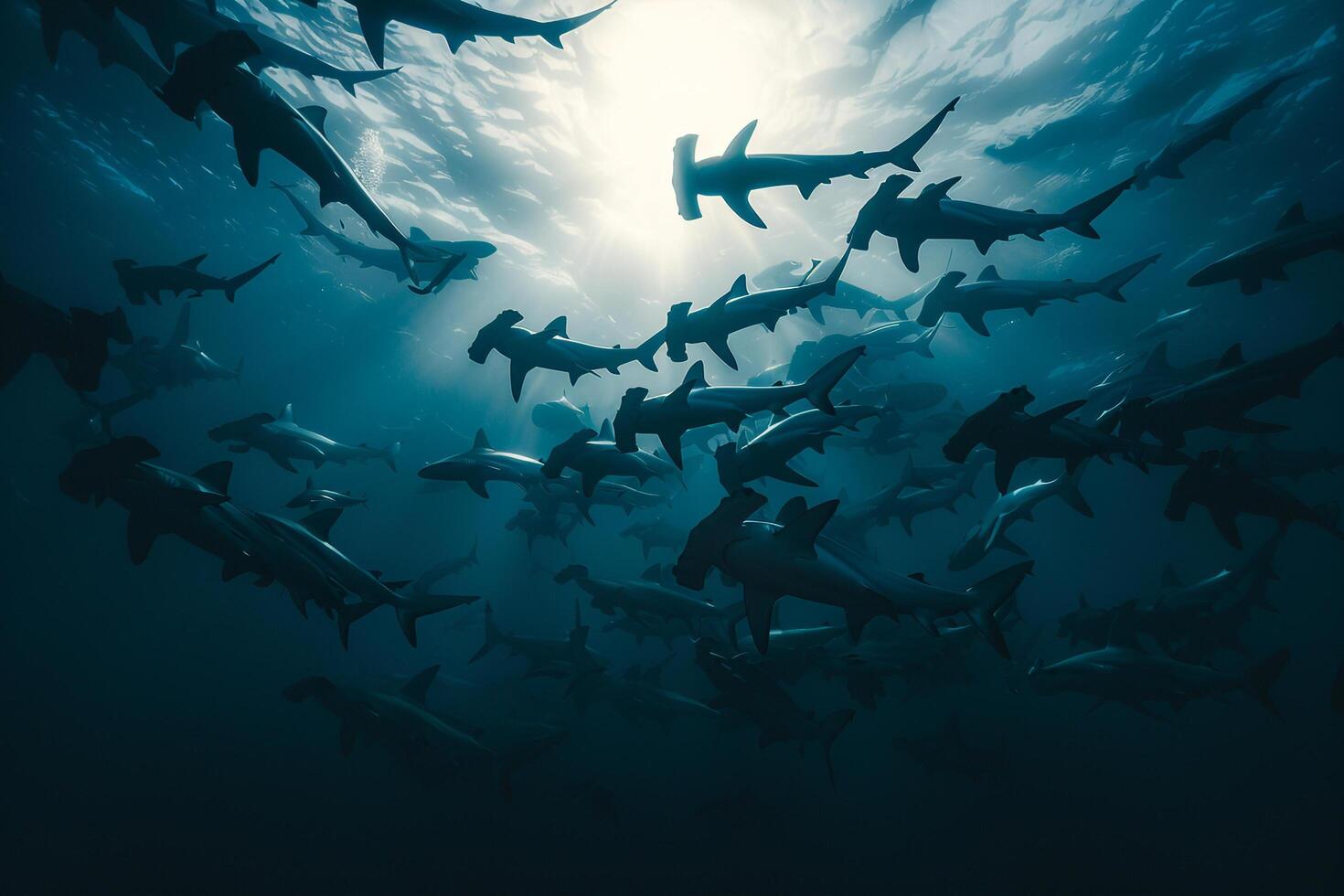 Group of Sharks Swimming in Ocean Background photo