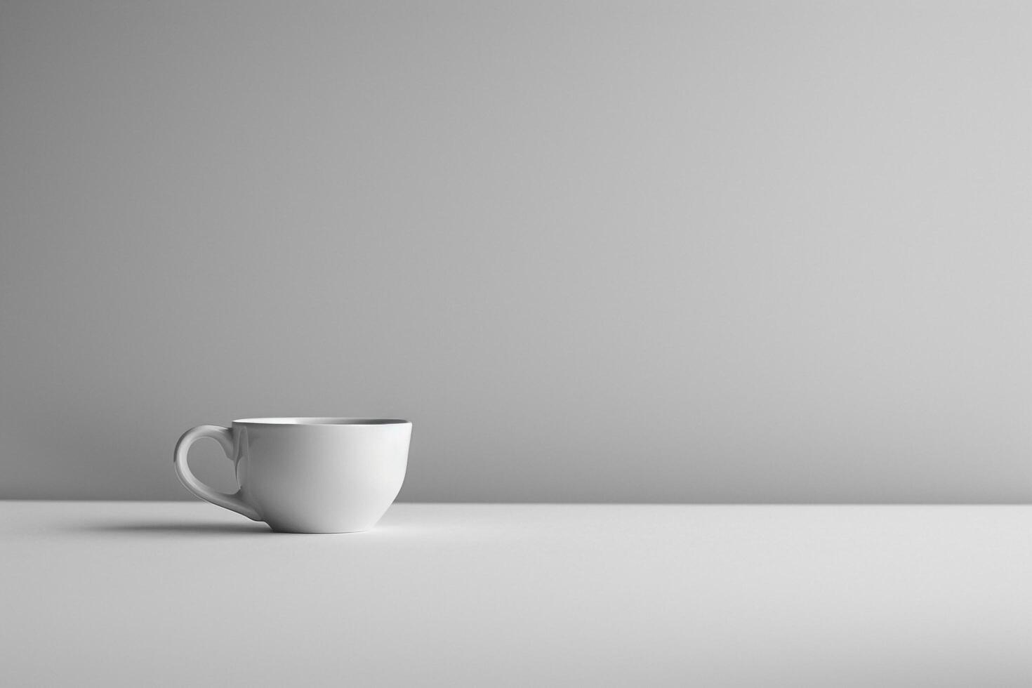 White Coffee Cup on Table in front of Gray Wall Background photo