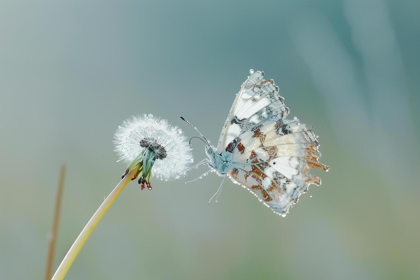 Butterfly on Dandelion with Dew, Nature Background photo