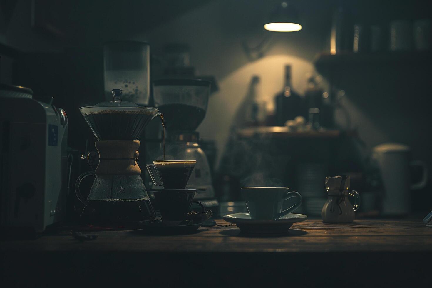 A Coffee Maker and a Cup of Coffee on a Table photo